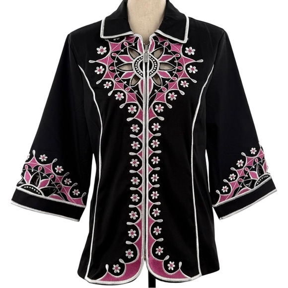 Bob Mackie Tops - Bob Mackie Wearable Art Embroidered Black Jacket Top Women’s Size Small